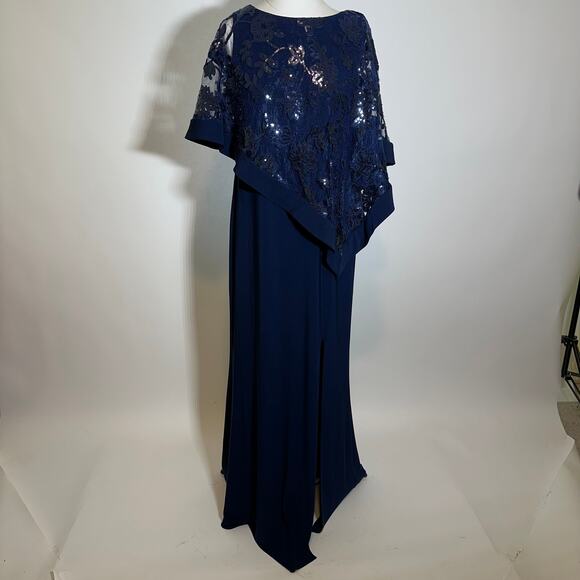 NWT R&M Richards Navy Blue 1 Piece Sequin Lace Poncho Sheath Dress Womens Size 8 - Picture 4 of 16